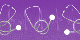 Several stethoscopes against an EKG line, on a purple background.