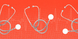Several stethoscopes against an EKG line, on a red background.