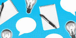 Light bulbs, note pads and pens, and speech bubbles repeated in a pattern against a blue background.
