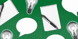 Light bulbs, note pads and pens, and speech bubbles repeated in a pattern against a green background.
